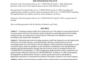 Decision No. 79/2008/QD-BTC of September 16, 2008, on the mechanism for managing and administering selling prices of petrol and oil.