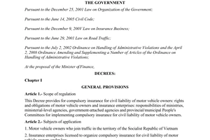 Decree No. 103/2008/ND-CP of September 16, 2008, on compulsory insurance for civil liability of motor vehicle owners.