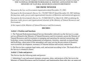 Decision No.128/2008/QĐ-TTg functions tasks the National Hydrometeorological Service