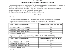 Decision No. 129/2008/QD-TTg of September 19th, 2008, stipulating the absolute export duty rate applicable to barite and apatite ore.