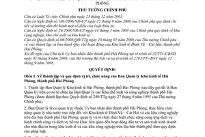 Quyết định 1329/QĐ-TTg thành lập ban quản lý khu kinh tế Hải Phòng, thành phố Hải Phòng