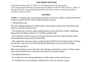 Decision No. 1336/QD-TTg of September 22,2008, approving the water drainage planning for three key northern, central and southern economic regions till 2020.