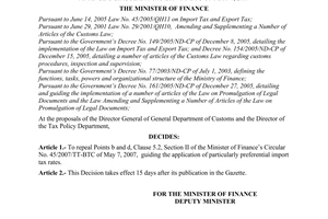 Decision No. 80/2008/QD-BTC of September 22, 2008, repealing points b and d, clause 5.2, section II of the Ministry of Finance’s Circular No.45/2007/TT-BTC of May 7, 2007