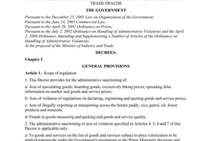 Decree No. 107/2008/ND-CP of September 22, 2008, on administrative sanctioning of acts of goods speculation and hoarding, excessive price hiking, rumor spreading, smuggling and trade frauds