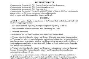 Decision No. 1354/QD-TTg of September 23, 2008, approving the plan on equitization of the Vietnam bank for industry and trade