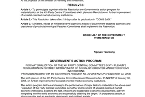 Resolution No. 22/2008/NQ-CP of September 23, 2008, promulgating the Government's action program for materialization of the Xth party Central Committee's Sixth plenum's resolution on further improvement of socialist-oriented market economy institutions.