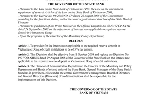 Decision No. 2133/QD-NHNN of September 25, 2008, on the interest rate applicable to the required reserve deposit in Vietnamese dong of credit institutions