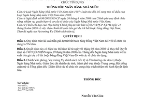 Quyết định 2133/QĐ-NHNN lãi suất tiền gửi dự trữ bắt buộc bằng đồng Việt Nam đối với tổ chức tín dụng