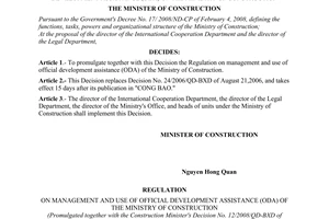 Decision No. 12/2008/QD-BXD of September 26, 2008, promulgating the regulation on management and use of official development assistance (oda) of the Ministry of Construction.