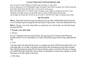 Quyết định 23/2008/QĐ-UBND thành lập và quy định chức năng, nhiệm vụ, quyền hạn, cơ cấu tổ chức của Viện quy hoạch xây dựng Hà Nội