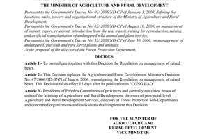 Decision No. 95/2008/QD-BNN of September 29, 2008, promulgating the regulation on management of raised bears.