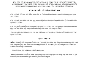 Quyết định 58/2008/QĐ-UBND sửa đổi 36/2008/QĐ-UBND nếp sống văn minh cưới tang lễ hội Đồng Nai