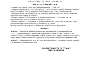 Decision No. 82/2008/QD-BTC of September 30, 2008, amending preferential import duty rate applicable to kerosene on the preferential import tariff list.