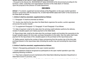 Decision No. 27/2008/QD-NHNN of September 30th, 2008, on the amendment, supplement of several articles of the regulation on the open market operation issued in conjunction with the Decision No. 01/2007/QD-NHNN  January 05th, 2007 of the Governor of The State Bank