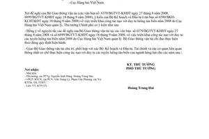 Công văn  1643/TTg-KTN triển khai công tác nạo vét duy tu luồng tàu biển năm 2008 do Cục Hàng hải Việt Nam quản lý