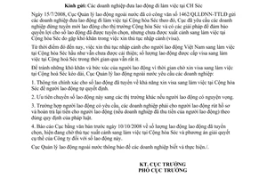 Công văn  1958/QLLĐNN-TTLĐ lao động đi làm việc tại Cộng hòa Séc