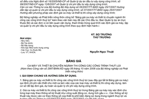 Công văn 2987/BNN-XD công bố Bảng giá ca máy thiết bị chuyên ngành thi công c