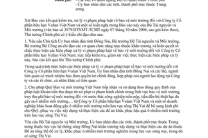 Công văn 1706/TTg-KGVX xử lý vi phạm pháp luật  Công ty CPHH Vedan VN và tăng cường công tác bảo vệ môi trường trên phạm vi cả nước thời gian tới