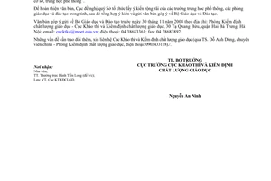 Công văn  9637/BGDĐT-KTKĐCLGD Góp ý dự thảo văn bản Quy trình và chu kỳ kiểm định chất lượng giáo dục trường tiểu học, THCS, THPT