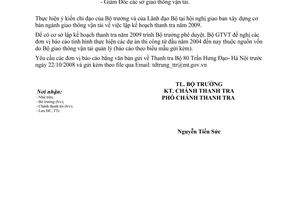 Công văn  7612/BGTVT-TTr  lập kế hoạch thanh tra năm 2009