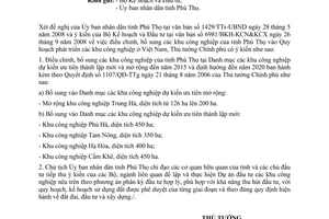 Công văn  1742/TTg-KTN  điều chỉnh, bổ sung các KCN của tỉnh Phú Thọ vào Quy hoạch phát triển các KCN ở Việt Nam