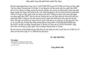 Công văn  462/BXD-TCCB  Đăng ký chỉ tiêu tuyển sinh học nghề năm 2009
