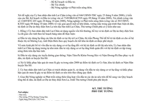 Công văn  1860/TTg-KTN giải quyết vướng mắc  khi thực hiện di dân, tái định cư Dự án thủy điện Sơn La  tỉnh Lai Châu