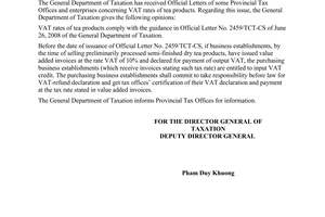 Official Dispatch No. 4042/TCT-CS, on Value-added tax (VAT) rates of tea product