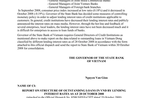 Official Dispatch No. 9596/NHNN-CSTT of October 28, 2008, making report on outstanding loans based on lending interest rate