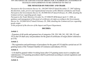 Decision No. 35/2008/QD-BCT of October 9, 2008, on the grant of certificates of origin for a number of categories of textiles and garments to be exported to the US.