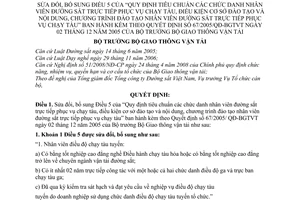Quyết định 21/2008/QĐ-BGTVT  bổ sung “Quy định tiêu chuẩn các chức danh nhân viên đường sắt trực tiếp phục vụ chạy tàu" kèm QĐ 67/2005/ QĐ-BGT