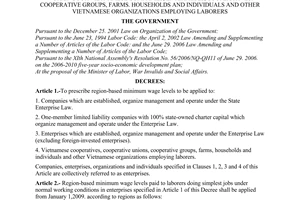 Decree No. 110/2008/ND-CP of October 10, 2008, prescribing region-based minimum wage levels for laborers working for vietnamese companies, enterprises, cooperatives. cooperative groups, farms. households and individuals and other Vietnamese organizations employing laborers.