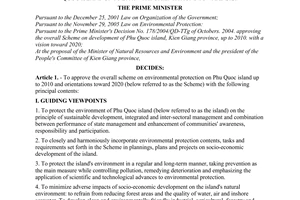 Decision No. 137/2008/QD-TTg of October 10, 2008, approving the overall scheme on environmental protection on Phu Quoc island up to 2010. with orientations toward 2020.