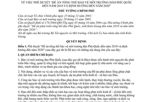 Quyết định 137/2008/QĐ-TTg phê duyệt “Đề án tổng thể bảo vệ môi trường đảo Phú Quốc đến năm 2010 và định hướng đến năm 2020”