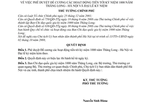 Quyết định 1470/QĐ-TTg phê duyệt Đề cương các hoạt động tiến tới kỷ niệm 1000 năm Thăng Long - Hà Nội và đại lễ kỷ niệm