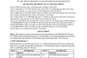 Quyết định 1511/QĐ-BTTTT đính chính phụ lục Quyết định 40/2008/QĐ-BTTTT