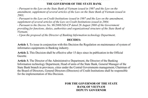 Decision No. 29/2008/QD-NHNN of October 13, 2008, on the issuance of regulation on maintenance of system of informatics equipments in banking industry