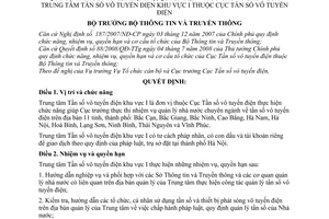 Quyết định 1523/QĐ-BTTTT chức năng nhiệm vụ, quyền hạn, cơ cấu tổ chức Trung tâm tần số vô tuyến điện khu vực I thuộc Cục tần số vô tuyến điện