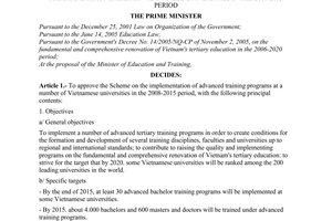 Decision No. 1505/QD-TTg of October 15, 2008, approving the scheme on the implementation of advanced training programs at a number of Vietnamese universities in the 2008-2015 period.