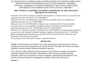 Resolution No. 694/2008/NQ-UBTVQH12 of October 15, 2008, on the receipt, classification and processing of citizens' complaints, denunciations and petitions sent to the National Assembly, National Assembly Standing Committee, the Council for Ethnic Minorities and Committees of the National Assembly.