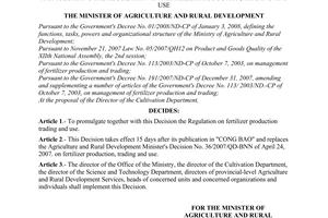 Decision No. 100/2008/QD-BNN of October 15, 2008, promulgating the regulation on fertilizer production, trading and use.