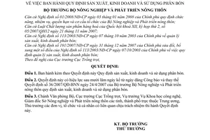 Quyết định 100/2008/QĐ-BNN quy định sản xuất, kinh doanh và sử dụng phân bón