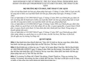 Quyết định 82/2008/QĐ-BVHTTDL quy chế trình tự, thủ tục soạn thảo, thẩm định, văn bản quy phạm pháp luật Bộ Văn hoá, Thể thao và Du lịch