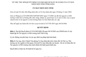 Quyết định 22/2008/QĐ-UBND thu hồi 3318/2003/QĐ-UB thành lập Sở Tài nguyên Môi trường Vĩnh Long