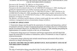 Joint circular No. 91/2008/TTLT-BTC-BTP of October 17, 2008, guiding the rates and the collection, remittance, management and use of notarization charges.