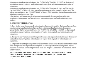 Joint circular No. 92/2008/TTLT-BTC-BTP of October 17, 2008, guiding the rates and the collection, remittance, management and use of fees for the issue of copies and authentication fees.