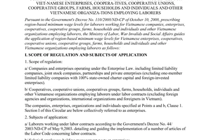 Circular No. 24/2008/TT-BLDTBXH of October 20, 2008, guiding the application of region-based minimum wage levels for Vietnamese enterprises, cooperatives, cooperative unions, cooperative groups, farms, households and individuals and other vietnamese organizations employing laborers.