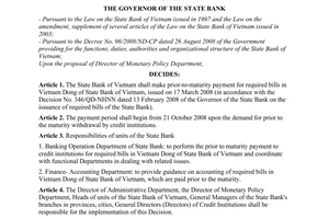 Decision No. 2317/QD-NHNN of October 20, 2008, on prior- to- maturity payment of required bills of the State Bank of Vietnam