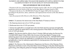 Decision No. 2318/QD-NHNN of October 20, 2008, on refinancing interest rate, rediscount interest rate and interest rate applicable to overnight loan in the inter-bank electronic payment and applicable to loan for making up capital deficit in the clearing payment of State Bank of Vietnam for banks