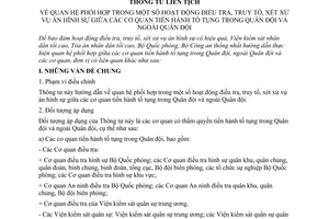 Thông tư liên tịch 01/2008/TTLT-VKSNDTC-TANDTC-BQP-BCA điều tra, truy tố, xét xử vụ án hình sự giữa CQ tố tụng trong Quân đội, ngoài Quân Đội